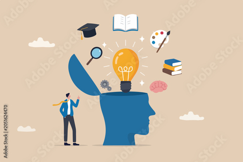 Wisdom, education or philosophy, knowledge and learning, understanding or intuition, critical thinking or creativity, study concept, human head with bright lightbulb metaphor of wisdom and education