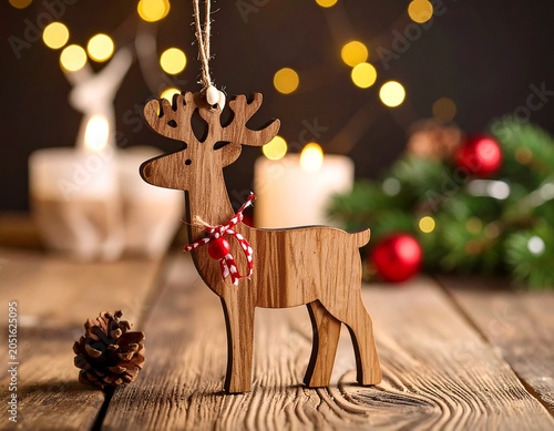 Close-up of a wooden reindeer ornament, red bows, pinecone, candles, evergreen, and blurred string lights