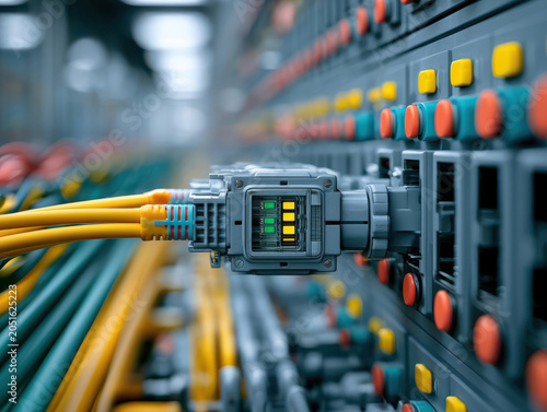 Industrial ethernet network cables and connectors plugged into data center server equipment with LED status indicators