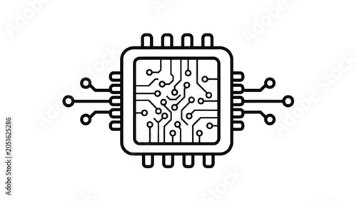 Outline drawing of a microchip or integrated circuit with internal circuitry and external pins, representing technology and computing.