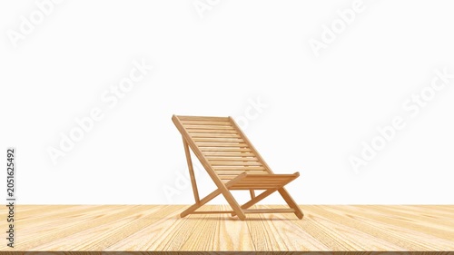 Wooden deck chair rotates on a light wood floor against a clean white background in a minimal interior style 3D animation