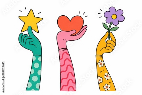 Three hands offering star, heart, and flower illustration