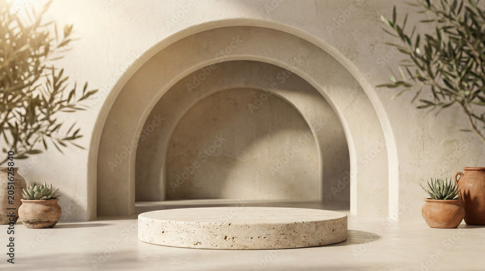 Fototapeta premium Rustic stone podium stage with textured arches, terracotta pots, succulents, and olive branches in warm sunlight. Ideal for Mediterranean aesthetic cosmetic mockups or product presentations.