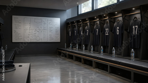Empty professional soccer locker room after tournament match
