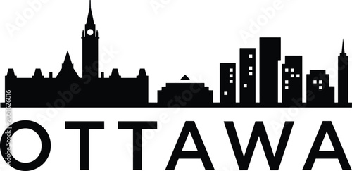 Tableau sur toile Ottawa skyline silhouette with modern buildings and parliament hill in a black a