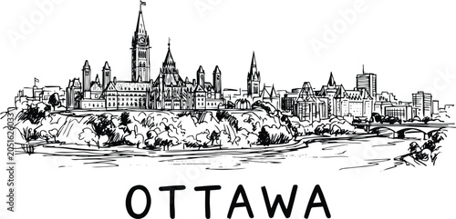 Tableau sur toile Ottawa skyline sketch showing parliament hill buildings and bridges across the r
