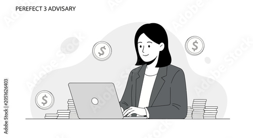 Businesswoman working on laptop with stacks of coins and dollar symbols, representing financial success and investment.