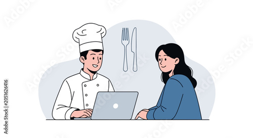 Chef and Customer Interacting with Laptop for Restaurant Service or Order