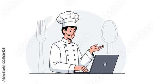 Chef in Uniform with Laptop and Cutlery Icons, Online Cooking Class Concept, Modern Flat Illustration