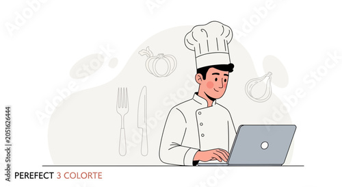 Chef using Laptop for Recipe or Online Order | Modern Flat Vector Illustration