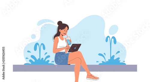 Young Woman Relaxing Outdoors with Tablet and Drink by a Fountain, Digital Art Illustration