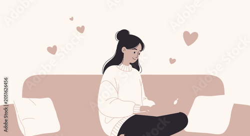 Young Woman Relaxing on Sofa with Laptop, Surrounded by Hearts, Vector Illustration