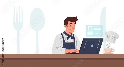 Chef Using Laptop for Restaurant Management and Online Orders, with Coffee and Cutlery Elements