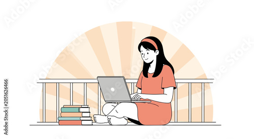 Young woman studying or working on a laptop with books by her side, depicted in a minimalist, modern vector illustration style.