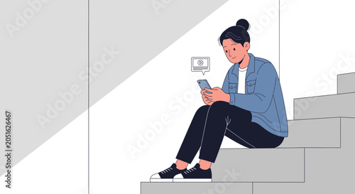 Young woman sitting on steps, engrossed in her smartphone, with a notification bubble above.