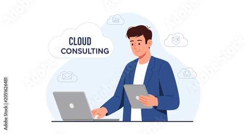 Cloud Consulting Service: Man Working on Laptop and Tablet with Cloud Icons and Data