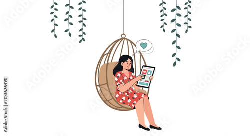 Young Woman Relaxing in Hanging Chair, Browsing Tablet with Social Media and Heart Icon