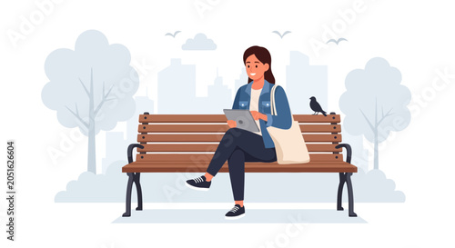 Young woman working on a tablet while sitting on a park bench with a city skyline in the background.