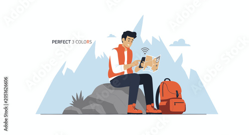 Adventurous hiker using smartphone and map in mountains, concept of navigation and technology in outdoor exploration
