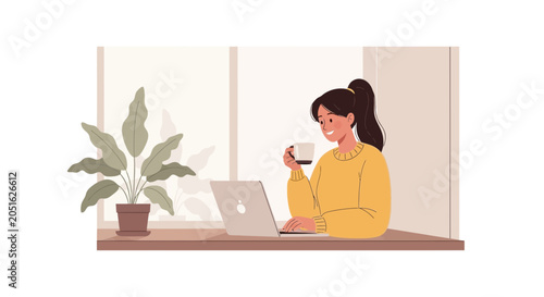 Young woman working on laptop and drinking coffee by window with plant, cozy home office, flat illustration style