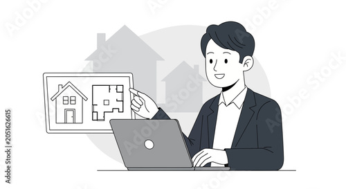 Architect or Real Estate Agent Presenting House Plans on Laptop and Tablet, Vector Illustration