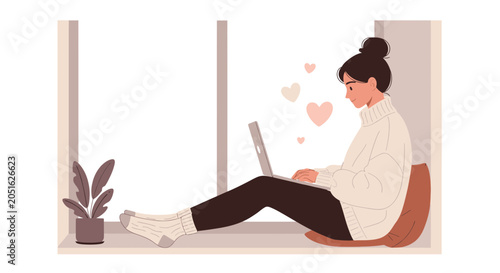 Young Woman Working on Laptop at Cozy Window Seat with Hearts Floating Around, Illustration Style
