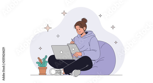Young woman working on laptop comfortably on a bean bag chair, vector illustration with modern flat design style