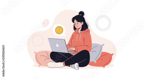 Young woman working on laptop, earning money online, illustration in flat, modern style