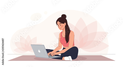 Young Woman Working on Laptop While Sitting on Yoga Mat with Lotus Flower Background