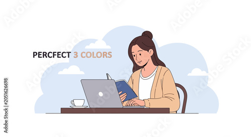 Young woman working remotely or studying with laptop, coffee, and book, against a soft cloud background.