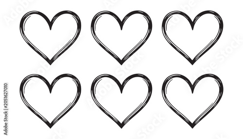 Set of decorative black outlined heart icons with artistic brush textures on transparent background.