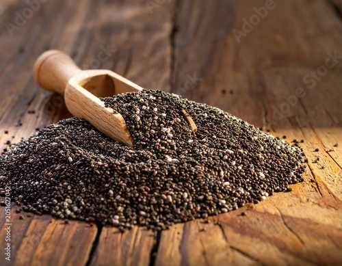 Close-up of a wooden scoop nestled in a pile of tiny, black and white seeds, set on a textured, wooden surface
