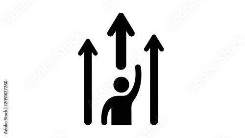Foto Person icon with raised arm and three upward arrows symbolizing growth and ambition
