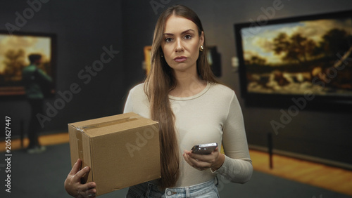 Bild auf Leinwand Woman holding cardboard box and smartphone, neutral expression, hands visible, standing in a museum building with paintings on walls; delivery duty serious