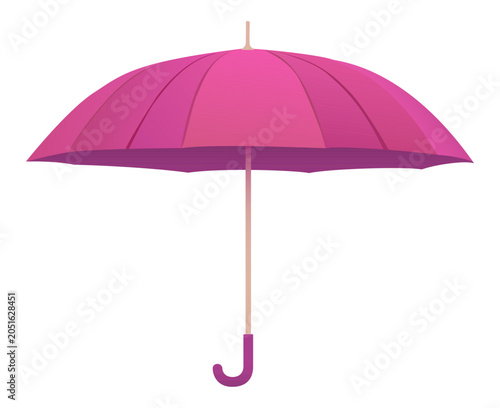 Pink umbrella isolated on light background in flat vector style with open canopy and curved handle for weather protection