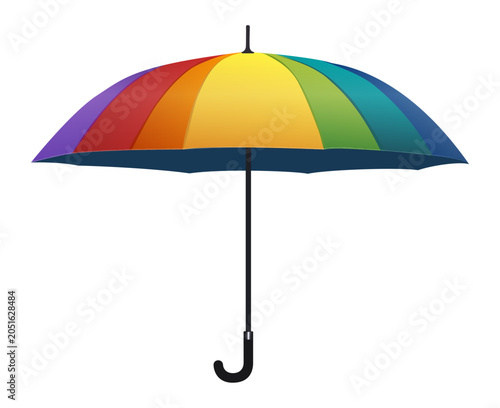 Rainbow umbrella with multicolored canopy isolated on light background in flat vector style for weather and diversity concepts