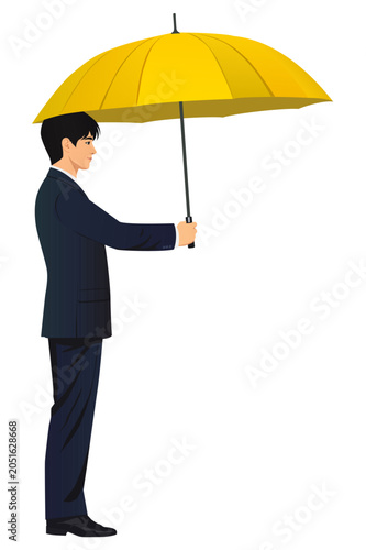 Elegant Asian Man standing in profile holding yellow umbrella above head isolated on light background in flat vector illustration