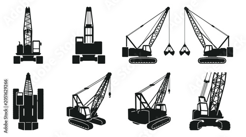Εκτύπωση καμβά Crawler Crane Piling Attachment Silhouette Set — Foundation Construction Heavy E
