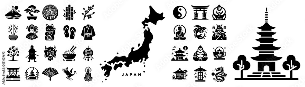 Fototapeta premium Map of Japan with traditional cultural icons and oriental symbols black silhouette vector illustration set