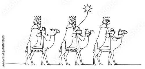 Foto Three Wise Men Magi on camels following the star continuous one line drawing Chr