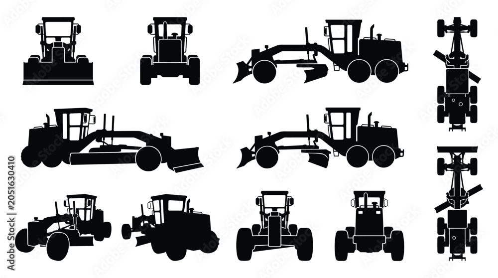 Obraz premium Motor Grader Silhouette Set — Road Grading Construction Heavy Equipment Vector Icons Isolated on White