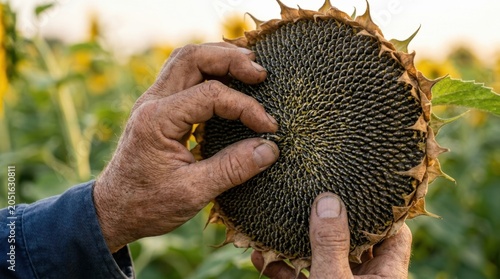 Close-up of a farmer hand inspecting a mature yellow sunflower bloom in the field, checking the seeds for optimal harvest maturity.