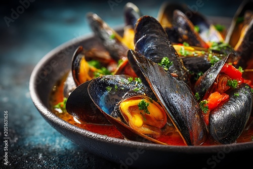 A close-up shot of steamed mussels in a rich red broth garnished with fresh parsley in a dark bowl.