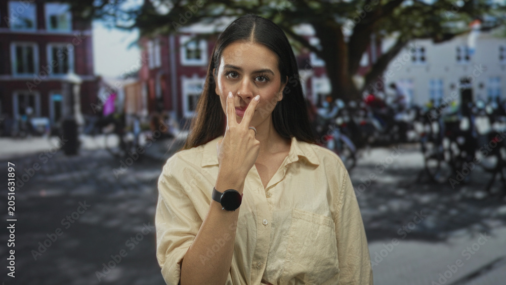 Fototapeta premium Young brunette woman points index finger in a busy street near parked motorcycles and brick buildings; firm warning.