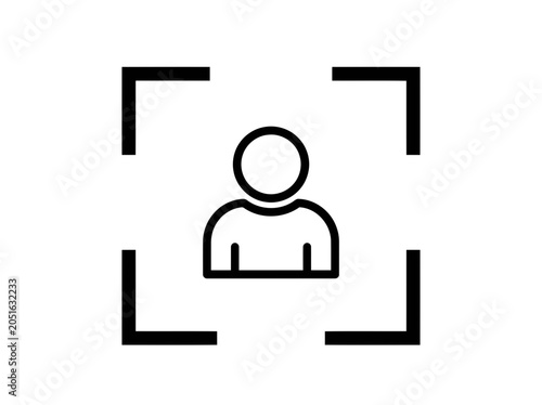 A very simple but very important black and white outlined icon of a person within a perfect camera frame