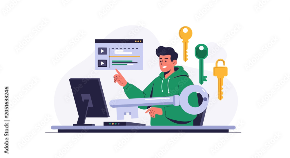 Fototapeta premium Man with computer and keys, symbolizing success, solutions, and digital access in modern business and technology.