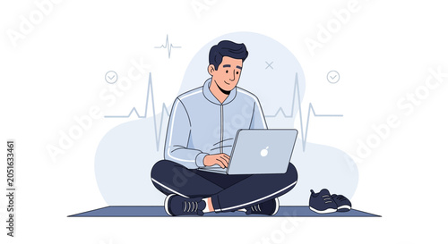 Man working on laptop on yoga mat, fitness and health concept, flat design vector illustration