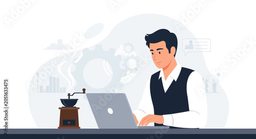 Man Working on Laptop with Coffee Grinder and Business Graphics - Modern Vector Illustration