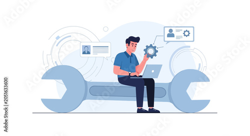 Man Working on Laptop with Tools and Gears - Concept of Technical Support, Engineering, and IT Services