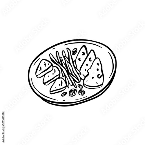 Hand drawn doodle cheese plate. Crayon sketch charcuterie board. Wine platte pencil vector illustration. Italian restaurant, French cafe, Spanish tapas bar design element. Cheese platte